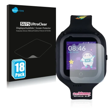 Parte frontal de un envase de producto con el logotipo de la marca Savvies. Al lado se muestra el dispositivo SoyMomo Space 2.