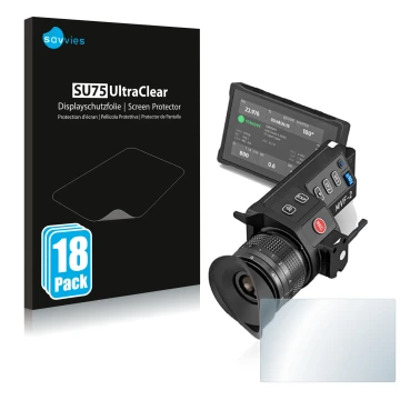 Parte frontal de un envase de producto con el logotipo de la marca Savvies. Al lado se muestra el dispositivo Arri MVF-2 con s