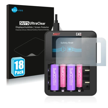 Parte frontal de un envase de producto con el logotipo de la marca Savvies. Al lado se muestra el dispositivo ISDT C4 Evo con 