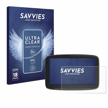 Parte frontal de un envase de producto con el logotipo de la marca Savvies. Al lado se muestra el dispositivo TomTom GO Classi