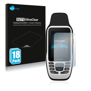 Parte frontal de un envase de producto con el logotipo de la marca Savvies. Al lado se muestra el dispositivo Garmin GPSMAP 79