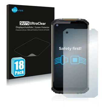 Parte frontal de un envase de producto con el logotipo de la marca Savvies. Al lado se muestra el dispositivo Oukitel WP16 con