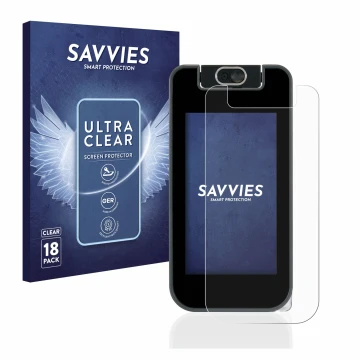 Parte frontal de un envase de producto con el logotipo de la marca Savvies. Al lado se muestra el dispositivo Vtech Kidicom Ad