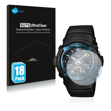 Parte frontal de un envase de producto con el logotipo de la marca Savvies. Al lado se muestra el dispositivo Casio AWG M100 c