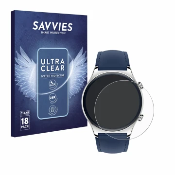 Parte frontal de un envase de producto con el logotipo de la marca Savvies. Al lado se muestra el dispositivo Honor Watch GS 3