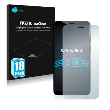 Parte frontal de un envase de producto con el logotipo de la marca Savvies. Al lado se muestra el dispositivo Pine64 PinePhone