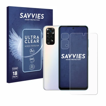 Parte frontal de un envase de producto con el logotipo de la marca Savvies. Al lado se muestra el dispositivo Xiaomi Redmi Not