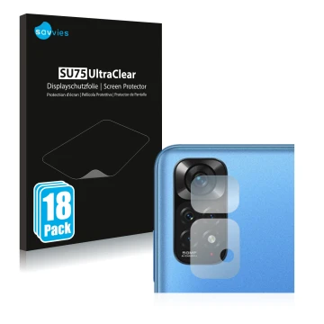 Parte frontal de un envase de producto con el logotipo de la marca Savvies. Al lado se muestra el dispositivo Xiaomi Redmi Not