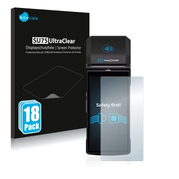 Parte frontal de un envase de producto con el logotipo de la marca Savvies. Al lado se muestra el dispositivo Ready2order Read