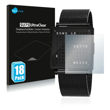 Parte frontal de un envase de producto con el logotipo de la marca Savvies. Al lado se muestra el dispositivo Qlocktwo W35 con