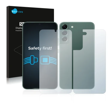 Parte frontal de un envase de producto con el logotipo de la marca Savvies. Al lado se muestra el dispositivo Samsung Galaxy S