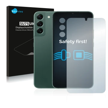Parte frontal de un envase de producto con el logotipo de la marca Savvies. Al lado se muestra el dispositivo Samsung Galaxy S