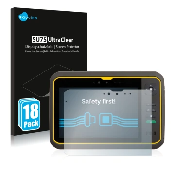 Parte frontal de un envase de producto con el logotipo de la marca Savvies. Al lado se muestra el dispositivo Trimble T7 con s