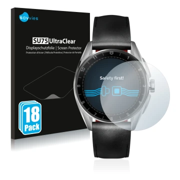 Parte frontal de un envase de producto con el logotipo de la marca Savvies. Al lado se muestra el dispositivo TAG Heuer Connec