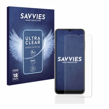 Parte frontal de un envase de producto con el logotipo de la marca Savvies. Al lado se muestra el dispositivo Nokia G21 con su