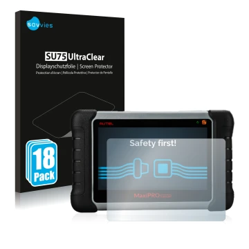 Parte frontal de un envase de producto con el logotipo de la marca Savvies. Al lado se muestra el dispositivo Autel MaxiPRO MP