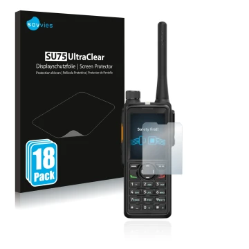 Parte frontal de un envase de producto con el logotipo de la marca Savvies. Al lado se muestra el dispositivo Hytera HP785 con