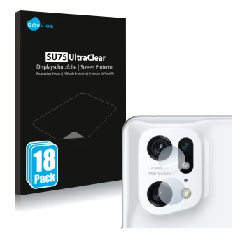 Parte frontal de un envase de producto con el logotipo de la marca Savvies. Al lado se muestra el dispositivo Oppo Find X5 Pro