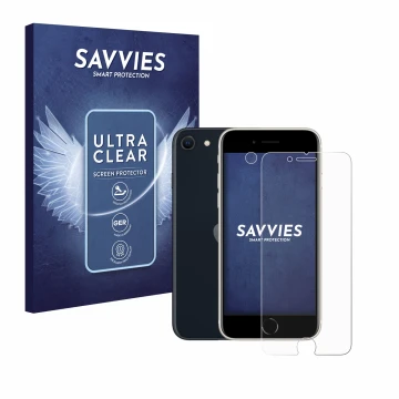 Parte frontal de un envase de producto con el logotipo de la marca Savvies. Al lado se muestra el dispositivo Apple iPhone SE 