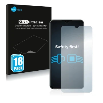 Parte frontal de un envase de producto con el logotipo de la marca Savvies. Al lado se muestra el dispositivo Samsung Galaxy M