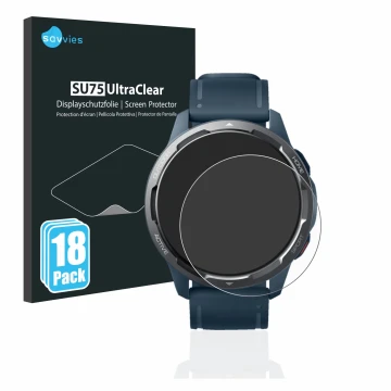 Parte frontal de un envase de producto con el logotipo de la marca Savvies. Al lado se muestra el dispositivo Xiaomi Watch S1 