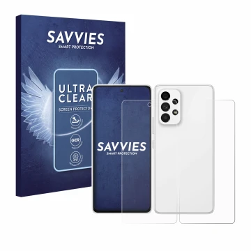 Parte frontal de un envase de producto con el logotipo de la marca Savvies. Al lado se muestra el dispositivo Samsung Galaxy A