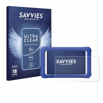 Parte frontal de un envase de producto con el logotipo de la marca Savvies. Al lado se muestra el dispositivo Clementoni Clemp