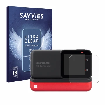 Parte frontal de un envase de producto con el logotipo de la marca Savvies. Al lado se muestra el dispositivo Insta360 One RS 