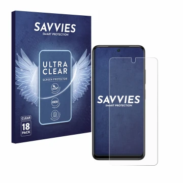 Parte frontal de un envase de producto con el logotipo de la marca Savvies. Al lado se muestra el dispositivo Xiaomi Poco M4 P
