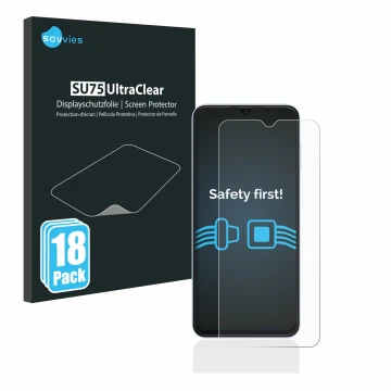 Parte frontal de un envase de producto con el logotipo de la marca Savvies. Al lado se muestra el dispositivo Samsung Galaxy A