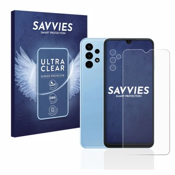 Parte frontal de un envase de producto con el logotipo de la marca Savvies. Al lado se muestra el dispositivo Samsung Galaxy A