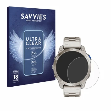 Parte frontal de un envase de producto con el logotipo de la marca Savvies. Al lado se muestra el dispositivo Garmin D2 Mach 1