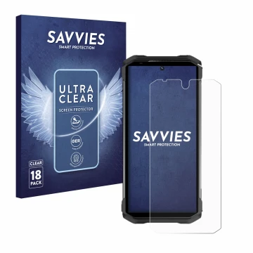 Parte frontal de un envase de producto con el logotipo de la marca Savvies. Al lado se muestra el dispositivo Doogee S98 con s