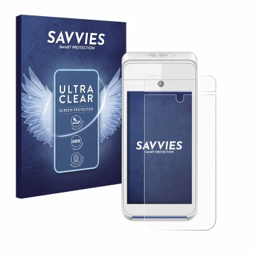 Parte frontal de un envase de producto con el logotipo de la marca Savvies. Al lado se muestra el dispositivo Pax A920 con su 