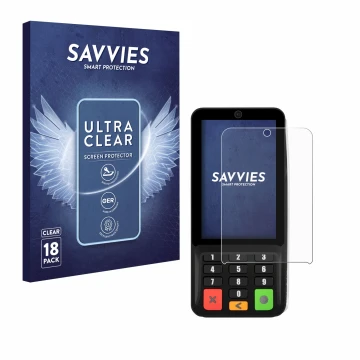 Parte frontal de un envase de producto con el logotipo de la marca Savvies. Al lado se muestra el dispositivo Pax A35 con su p
