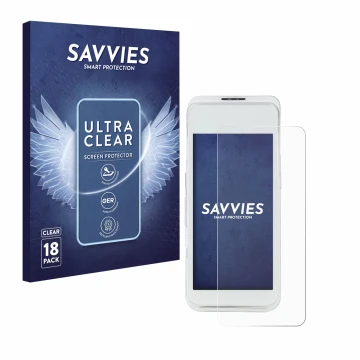 Parte frontal de un envase de producto con el logotipo de la marca Savvies. Al lado se muestra el dispositivo Pax A920 Pro con