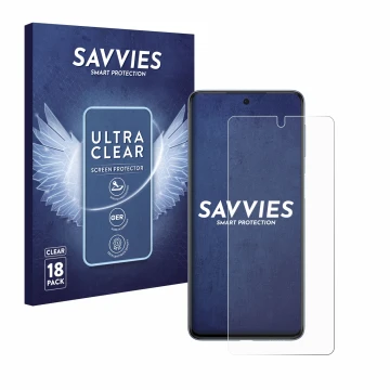 Parte frontal de un envase de producto con el logotipo de la marca Savvies. Al lado se muestra el dispositivo Samsung Galaxy M