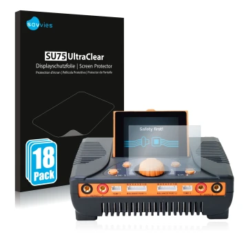 Parte frontal de un envase de producto con el logotipo de la marca Savvies. Al lado se muestra el dispositivo Junsi iCharger 4