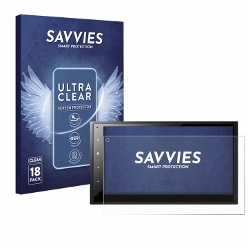 Parte frontal de un envase de producto con el logotipo de la marca Savvies. Al lado se muestra el dispositivo Pioneer DMH-A340