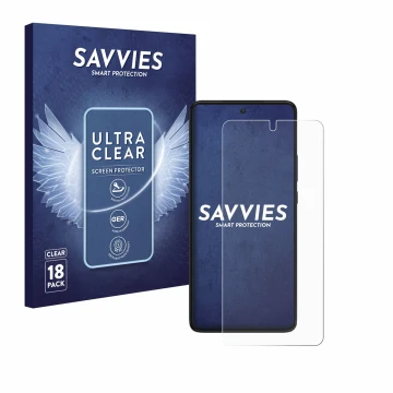 Parte frontal de un envase de producto con el logotipo de la marca Savvies. Al lado se muestra el dispositivo Motorola Edge 30