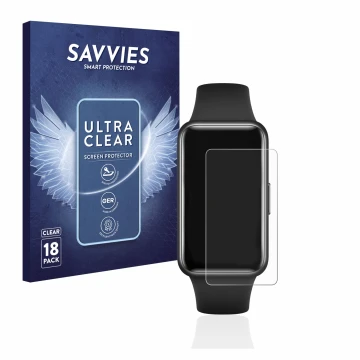 Parte frontal de un envase de producto con el logotipo de la marca Savvies. Al lado se muestra el dispositivo Huawei Band 7 co