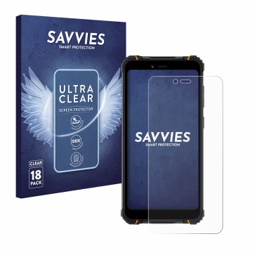 Parte frontal de un envase de producto con el logotipo de la marca Savvies. Al lado se muestra el dispositivo Hotwav T5 Pro co