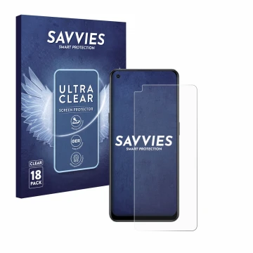 Parte frontal de un envase de producto con el logotipo de la marca Savvies. Al lado se muestra el dispositivo Oppo Reno 8 Lite