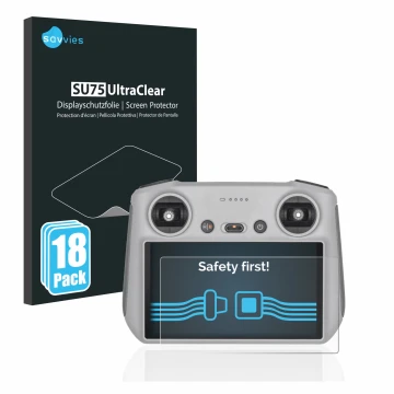 Parte frontal de un envase de producto con el logotipo de la marca Savvies. Al lado se muestra el dispositivo DJI RC Controlle