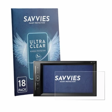 Parte frontal de un envase de producto con el logotipo de la marca Savvies. Al lado se muestra el dispositivo Pioneer AVH-A240