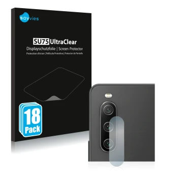 Parte frontal de un envase de producto con el logotipo de la marca Savvies. Al lado se muestra el dispositivo Sony Xperia 10 I