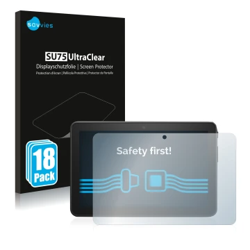 Parte frontal de un envase de producto con el logotipo de la marca Savvies. Al lado se muestra el dispositivo Amazon Fire 7 20