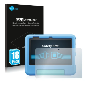 Parte frontal de un envase de producto con el logotipo de la marca Savvies. Al lado se muestra el dispositivo Amazon Fire 7 Ki