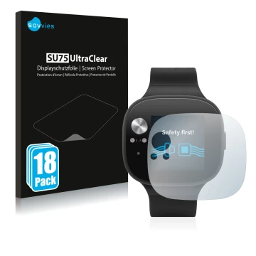 Parte frontal de un envase de producto con el logotipo de la marca Savvies. Al lado se muestra el dispositivo ASUS Vivowatch B