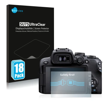 Parte frontal de un envase de producto con el logotipo de la marca Savvies. Al lado se muestra el dispositivo Canon EOS R10 co